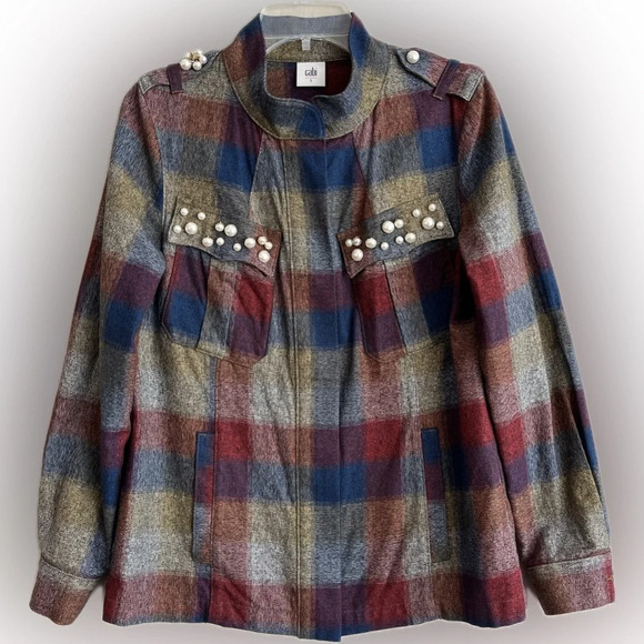 CABI Women's Pearl Embellished Zip Up Collage Plaid Jacket sz S - Picture 2 of 12